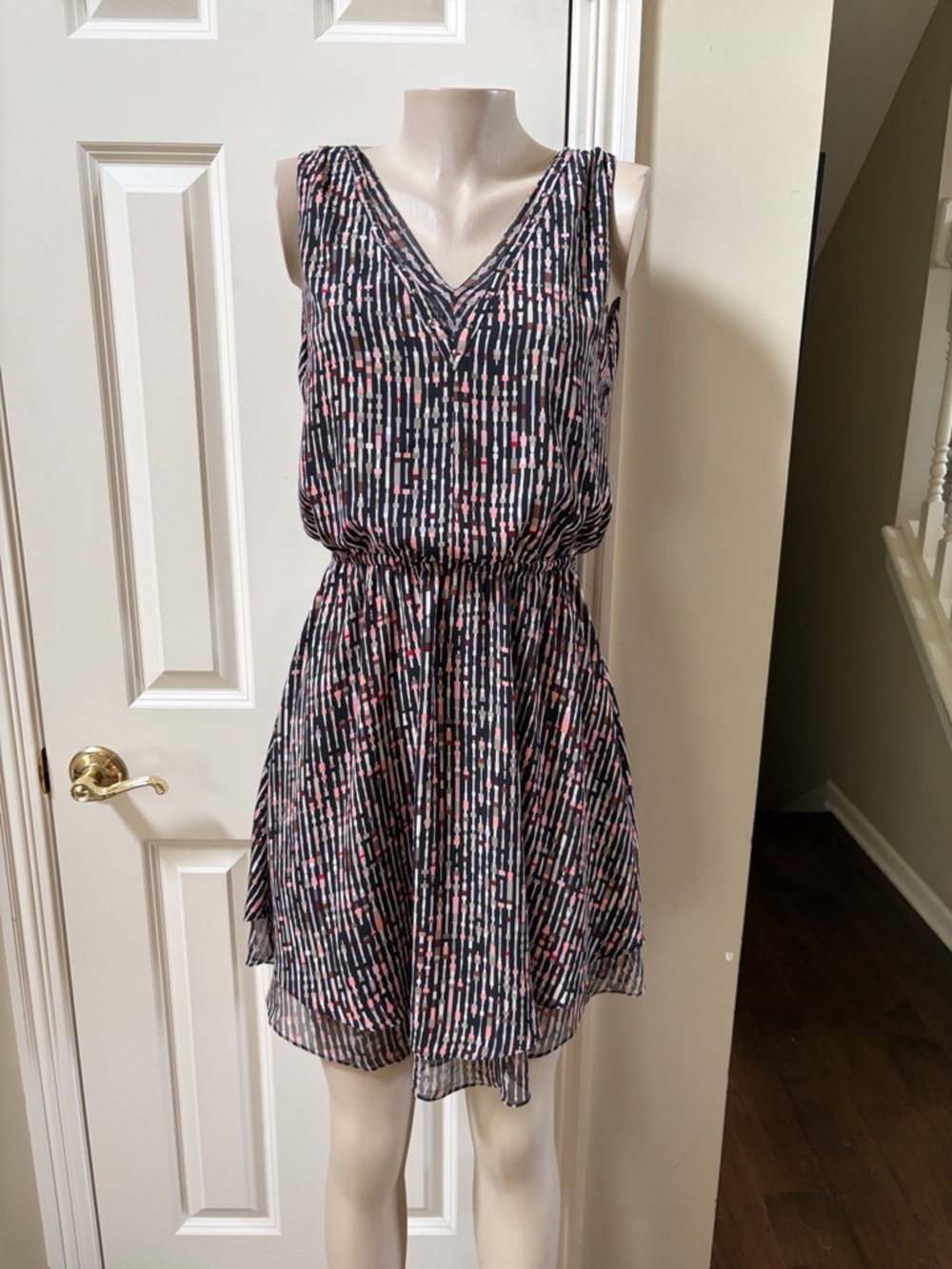 White House Black Market Black Dress with Pink and White Dot Stripe Print, 4